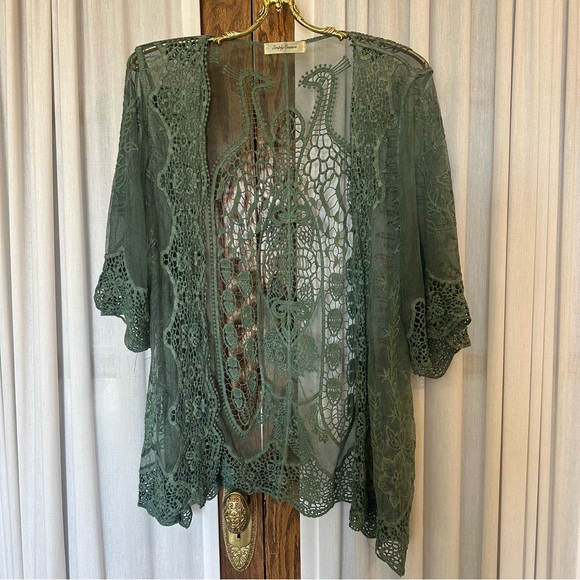 Simply Couture Sage Green Tab Sleeve Knit Lace Peacock Open Cardigan - Picture 10 of 10